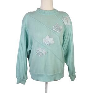 Vintage 80s Mint Green-Blue Floral Embroidered Wool Sweater L